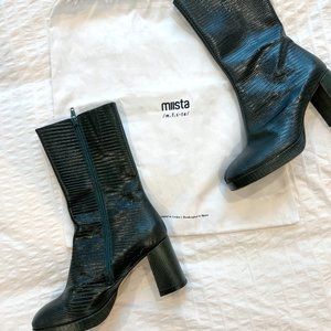 MIISTA Carlota Dark Green Crocodile Platform Leather Boots - Size 7/EUR 37